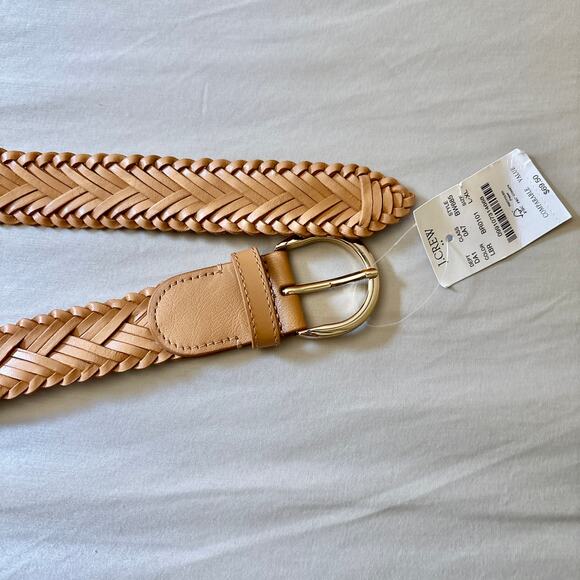 JCrew Woven Tan Leather Belt Womens L/XL Silver Buckle NWT - Picture 4 of 6